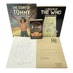 Pete Townshend 'The Who' - archive of correspondence with John Bycroft of Hull acknowledging receipt of various song lyrics sent by him to Townshend 1977 - 1982; comprising eighteen letters on varying letter heads including personalised; embossed; The Boathouse Ranelagh Drive Twickenham; No.2 The Embankment Twickenham; and Eel Pie Music; there are two undated manuscript letters signed Pete; and sixteen typed letters either signed Pete Townshend (3), Pete (4), Judi (Waring), Lin (Gibson) or Carla Rankine; together with The Story of Tommy by Richard Barnes and Pete Townshend and two other books on The Who.