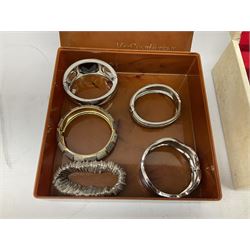 Collection of costume jewellery including enamel and marcasite flower brooch, two V Villani Italy bangles, clip on earrings, brooches, bangles, beaded necklaces and a Skagen wristwatch