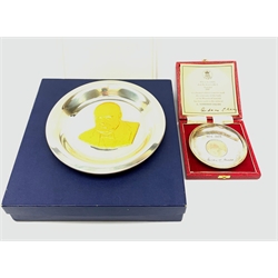  Sterling silver filled 'The Churchill Centenary Trust' plate, number 1287, boxed with certificate and a small sterling silver dish with a Churchill crown inset to the centre, limited edition number 1747, cased with certificate   