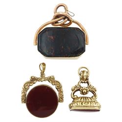 Victorian gold octagonal bloodstone swivel fob, gold carnelian and bloodstone swivel fob, stamped 375 and one other fob