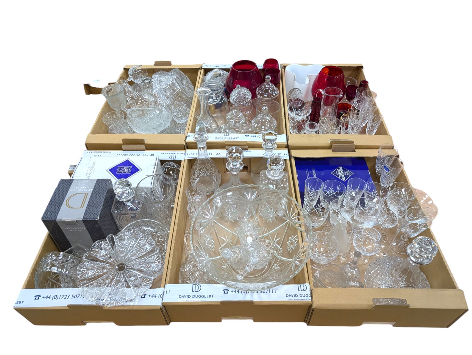 Large collection of glassware, including two ship decanters, Edinburgh crystal, Royal Doulton, red glass, etc in six boxes 