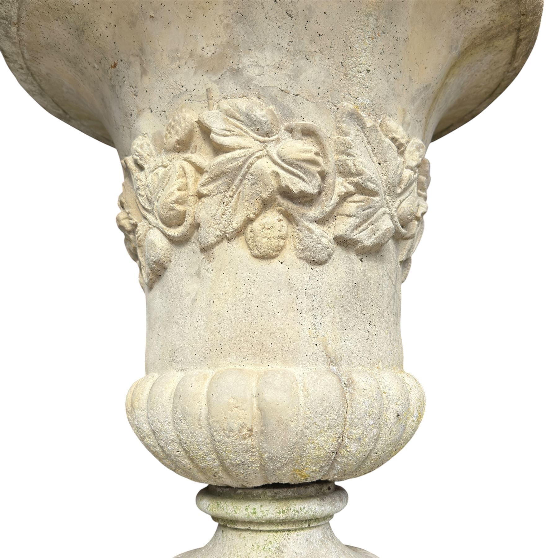 Pair of weathered composite stone campana urns on pedestals, the flared egg-and-dart rim over a tapering body with fruiting grapevine decoration in relief, over gadrooned underbelly, the rectangular pedestals moulded with floral garlands, planted