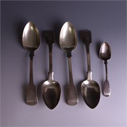 Set of four George III silver Fiddle pattern table spoons all engraved with monogram, hall...