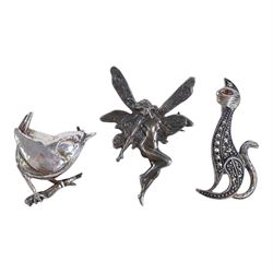 Collection of silver, including Kangaroo book mark, six silver brooches, comprising silver-gilt scottie dog, fairy, marcasite cat, Celtic stag, Essex regiment and wren, vesta case and bible locket