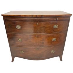 George III mahogany bow-front chest, shaped top with satinwood stringing, fitted with brushing slide over three graduating cock-beaded drawers, shaped apron over bracket feet