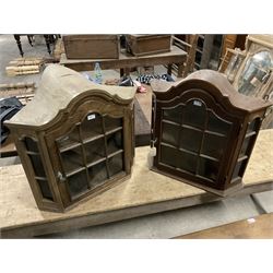 Dutch design oak wall hanging apothecary cabinet, of arched form with single astragal style glazed door enclosing single shelf (W69cm D18cm H69cm); together with another similar of corner form (W75cm D48cm H69cm) - THIS LOT IS TO BE COLLECTED BY APPOINTMENT FROM THE OLD BUFFER DEPOT, MELBOURNE PLACE, SOWERBY, THIRSK, YO7 1QY