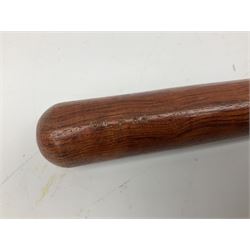 Three police turned hardwood truncheons comprising two patrol truncheons and WPC short truncheon (3)