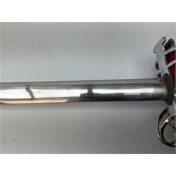 Reproduction Scottish basket hilted broadsword with 85cm double edged steel blade and red lined basket hilt with wire bound grip, in white metal mounted leather scabbard 107cm overall