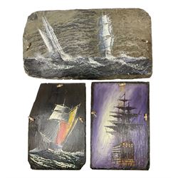 Michael J Whitehand (British 1941-): Three oil paintings of ships on slate signed, largest H40cm, L75cm