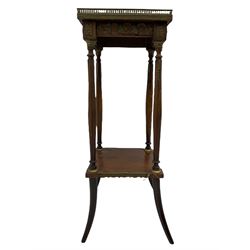 Late 20th century beech and walnut plant stand, French style, rouge marble top on turned supports with undertier, decorated with metal mounts 