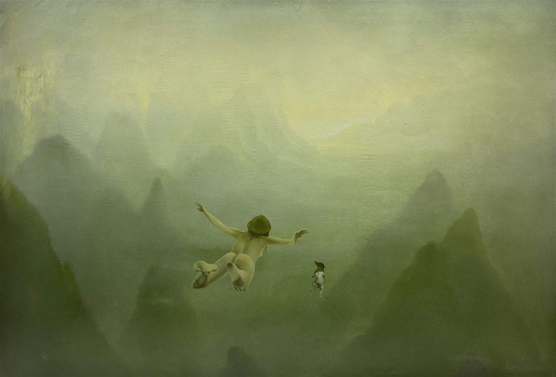 Peter Van Straten (South African 1972-): 'Breast-Stroke' Flying Girl and Terrier, oil on canvas laid on board signed, titled verso 95cm x 139cm (unframed)
Provenance: with Knysa Fine Art, 8 Grey St., Knysa, South Africa, label verso