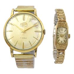 Rotary 9ct gold ladies manual wind wristwatch, on 9ct gold strap, hallmarked and a Enicar Ultrasonic gentleman's gilt wristwatch