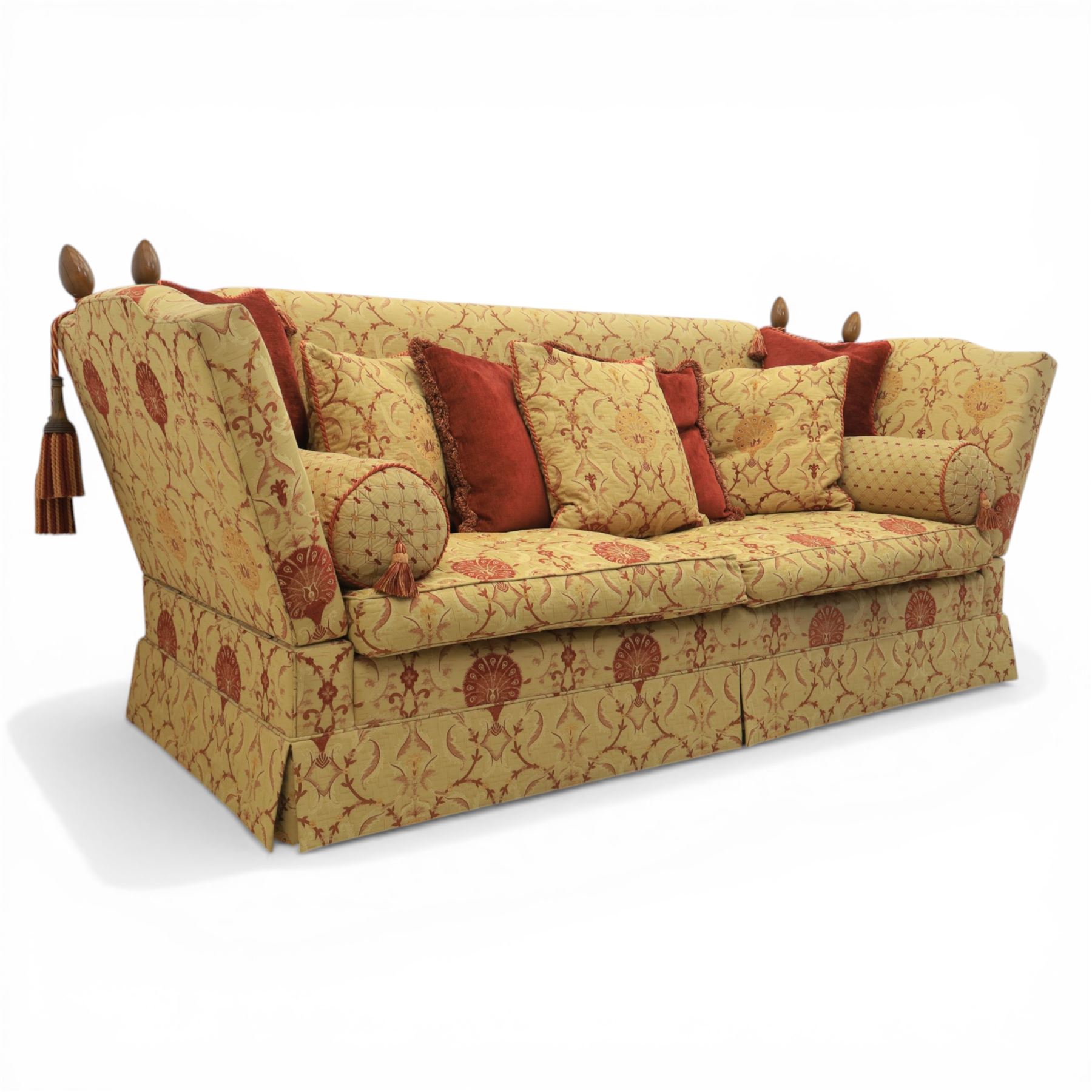 David Grundy - Grande Knoll style drop-arm settee in patterned fabric with nine associated scatter and bolster cushions