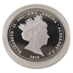 Queen Elizabeth II Alderney 2019 '50th Anniversary of the Moon Landing' five ounce silver proof twenty-five pound coin, issued by the Jubilee Mint, cased with certificate