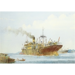  Colin Verity RSMA (British 1924-2011): Bank Line 'Tramp Steamer' in Chinese Waters, watercolour signed, original title label verso 34cm x 48cm  DDS - Artist's resale rights may apply to this lot  