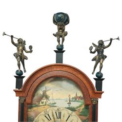 Dutch-mid 20th century Warmink WUBA wall clock, with a full length backboard and break arch hood with ebonised pilasters and three cast figures representing two trumpeting angels and Atlas to the pediment, with a fully painted break arch dial with a working axe moon dial and calendar aperture, chapter with Dutch minute arcading, Roman numerals and five minute Arabic's, three train chain driven countwheel striking movement with alarm and hours sounding on a bell. With three brass weights, brass chains and pendulum.