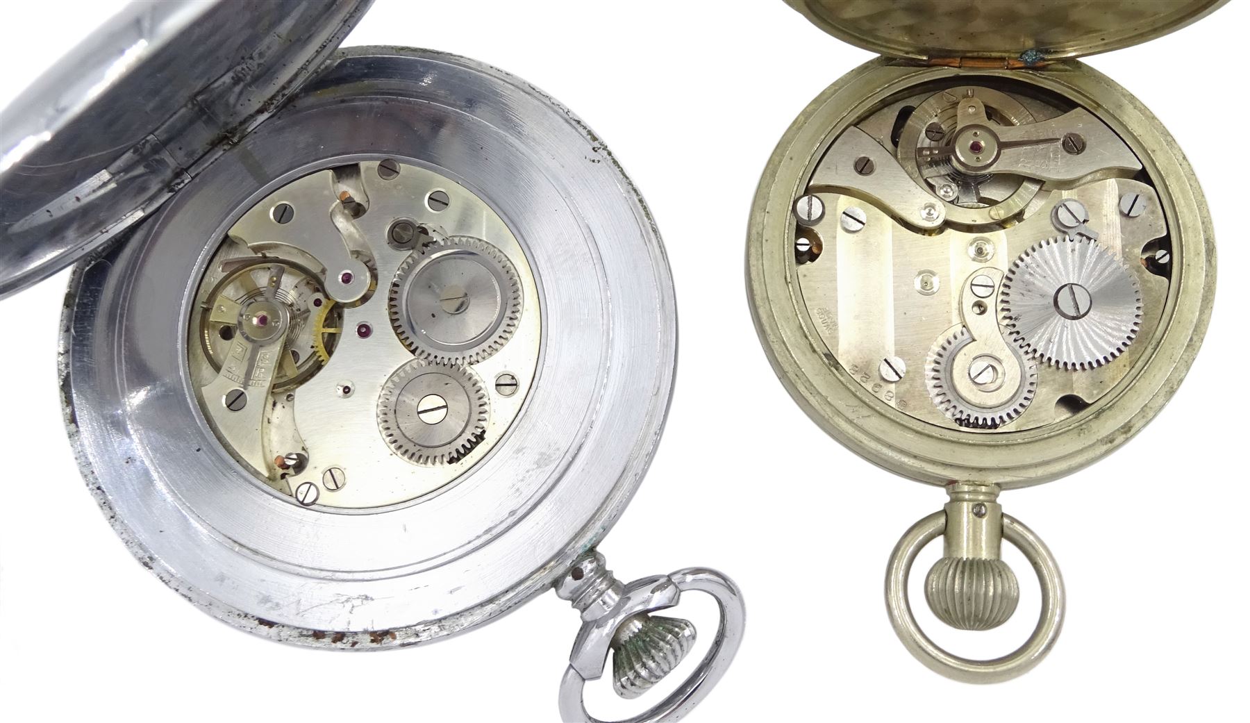 WWII military issue Royal Navy stop watch, the reverse engraved H.S. (broad arrow) 7 2389 and one other military stop watch by S.D. Neill Ltd, Belfast, the reverse engraved broad arrow B 167