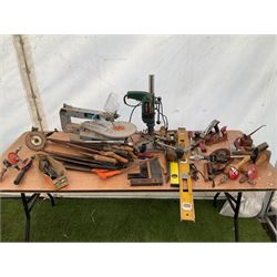 Large quantity of tools including, Stanley planes, hand cranked drills, Draper fret saw, pillar drill, saws and other tools - THIS LOT IS TO BE COLLECTED BY APPOINTMENT FROM DUGGLEBY STORAGE, GREAT HILL, EASTFIELD, SCARBOROUGH, YO11 3TX