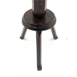 Unusual mid 18th century elm and fruitwood cricket tripod table or candle stand, circular top with raised gallery edge and two slides above undertier, circular platform with three splayed supports