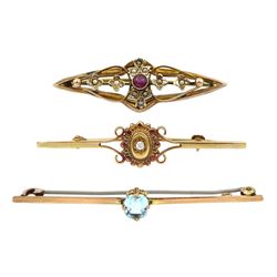 Edwardian gold garnet and seed pearl bar brooch, diamond bar brooch and one other, all 9ct stamped or tested (3)