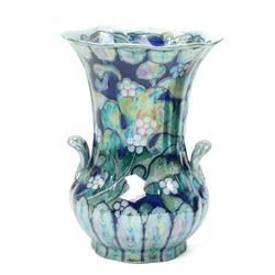 Pair of Keeling & Co Losol  ware lustre vases and covers of square spreading form decorated with flowers H33cm, a matching baluster vase and a lustre jar and cover decorated with landscape panels