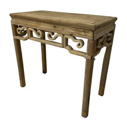 Chinese Ming design elm side table, rectangular top over shaped frieze rails, on square supports with curved outer edge 