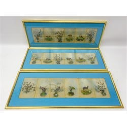  Set of eighteen miniature feather pictures on glass all depicting exotic birds amongst foliage, mounted as six in gilt frames, L58cm (3)  