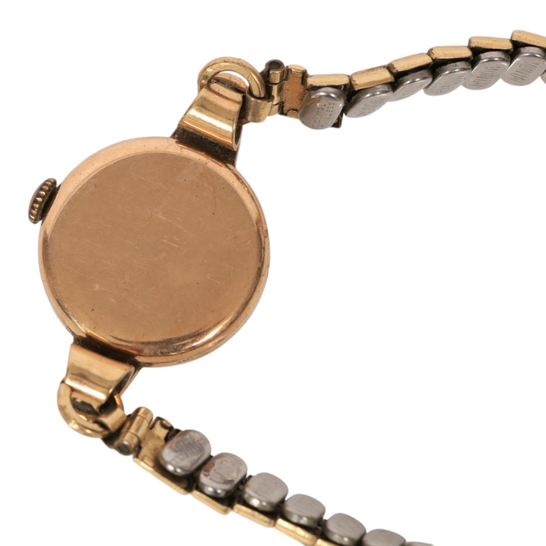 Five 9ct gold manual wind wristwatches, one on a 9ct rose gold expanding bracelet and an 18ct gold manual wind wristwatch, on brown leather strap