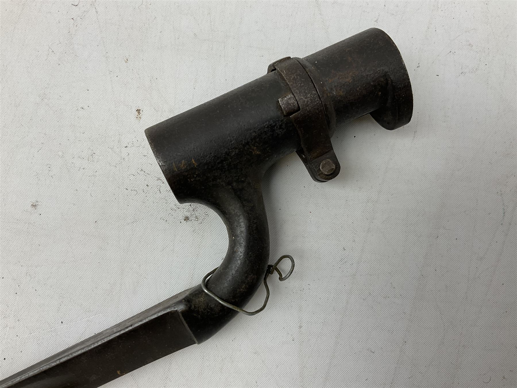 British Pattern 1876 socket bayonet with 43cm steel triangular blade L52cm overall; another socket bayonet with cruciform blade; No.4 Mk.II spike bayonet in metal scabbard with webbing frog; and 1955 Army jack knife by J.H. Thompson Sheffield (4)