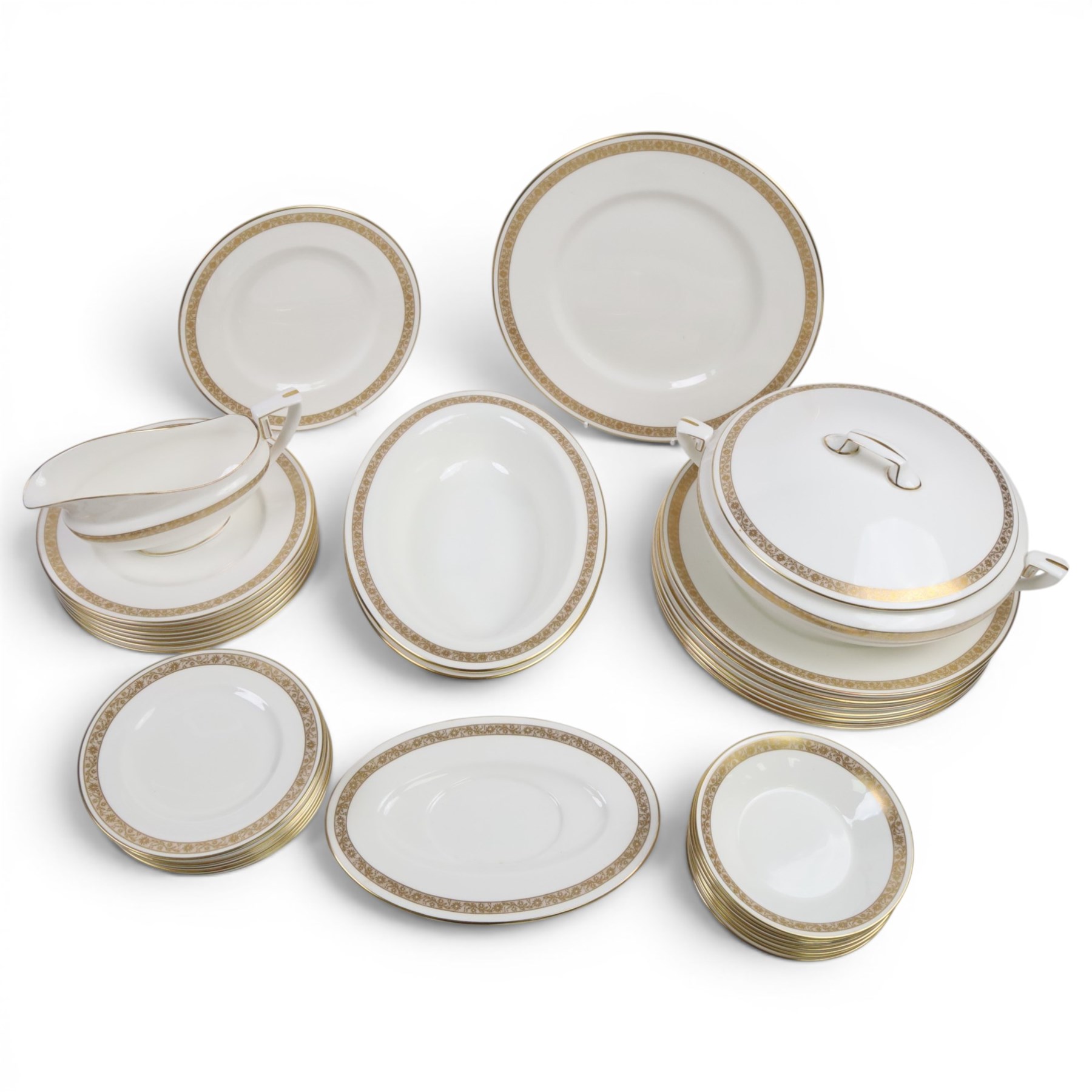 Royal Worcester Golden Anniversary pattern part dinner service for eight including dinner plates, side plates, bowls and desert plates, two serving dishes, covered tureen etc 