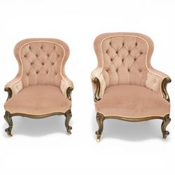 Pair of Victorian mahogany framed salon armchairs, spoon-back and sprung seat upholstered ...