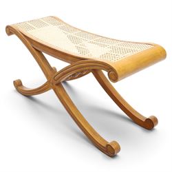 And So To Bed - cherrywood 'Louis XV' caned bench, caned top above an X-frame united by turned stretcher