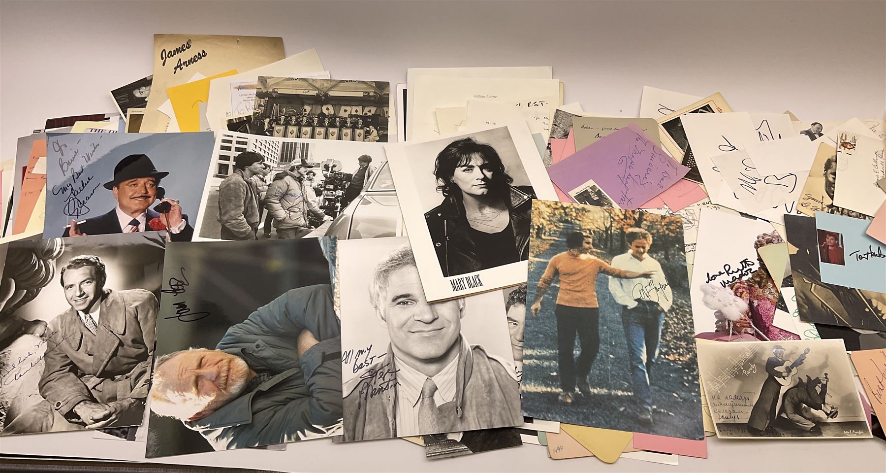 Collection of  autographs, mostly entertainment personalities, including Stephen Fry signed headshot, Billie Piper signed headshot, Red Skelton, Farley Granger, Gerald du Maurier, John Gielgud, Gareth Hunt, Bernard Bresslaw, Mae Clarke, George Formby, George Arliss, Diana Manners, Matheson Lang, Frank Lawton, Evelyn Laye, Ronnie Corbett, Twiggy, Margaret Lockwood, Paul Newman, Leslie Howard, Tony Curtis, Jason Isaacs, Danny Glover, Dick Van Dyke, Robert Donat, Ruth Madoc, Simon Cadell, Spike Milligan etc, approximately 270 in total 