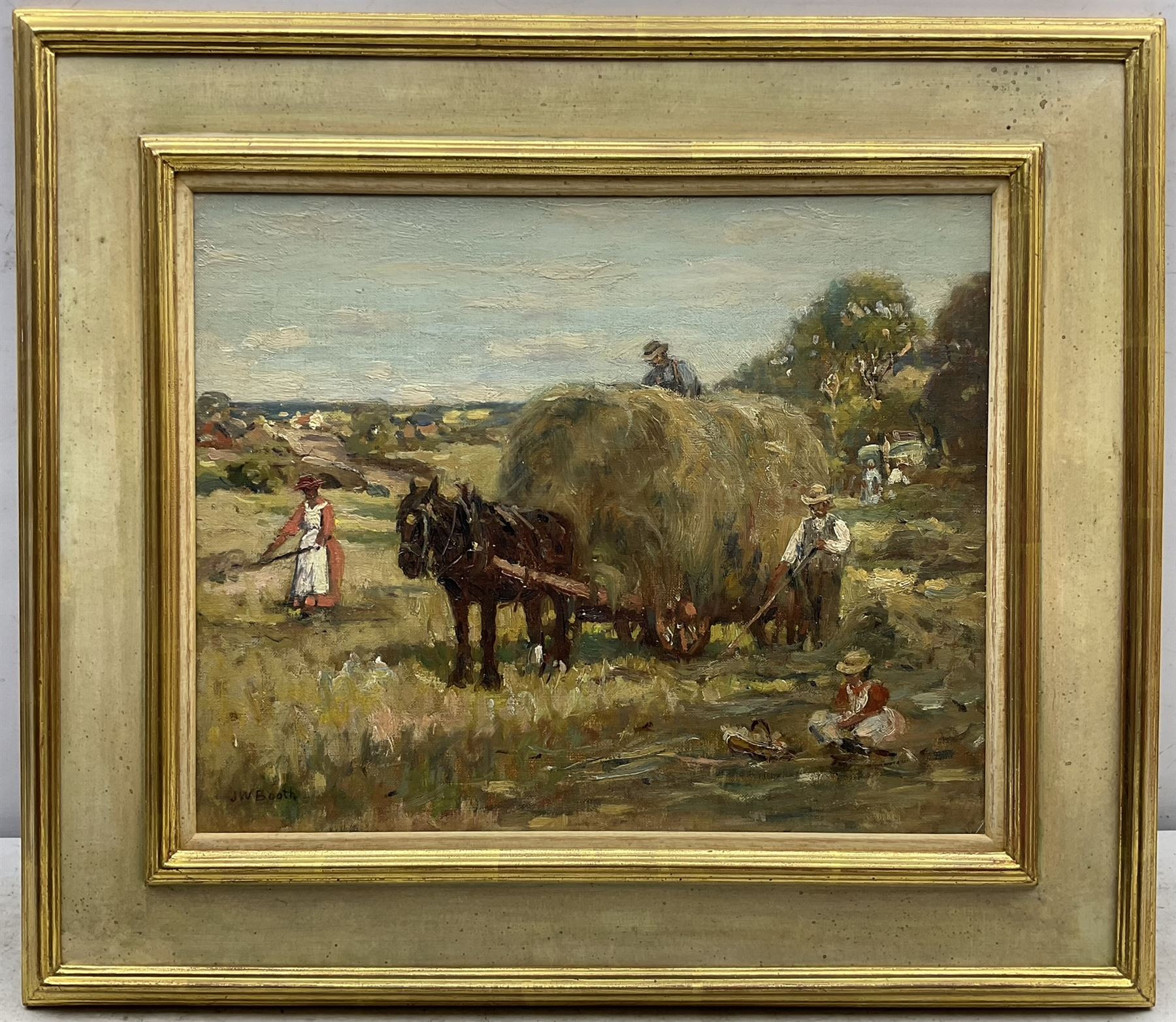 James William Booth (Staithes Group 1867-1953): Harvest Time with Children in the Field, oil on canvas laid on panel signed 30cm x 37cm 
Provenance: exh. Phillips & Sons, The Dower House, Cookham, March '87, label verso