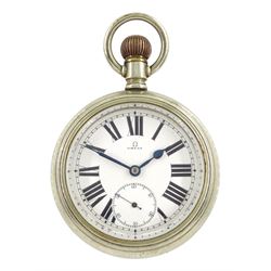 Nickle open face keyless lever pocket watch by Omega, white enamel dial with Roman numerals and subsidiary seconds dial, front case opening, case No. 3918097