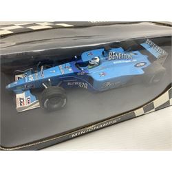 Three Minichamps 1:18 scale die-cast racing cars - B.A.R. Honda 006 J. Button; limited edition Benetton Renault Sport Showcar 2001 J. Button; and limited edition Benetton Renault Sport Showcar 2001 G. Fisichella; all boxed (3)