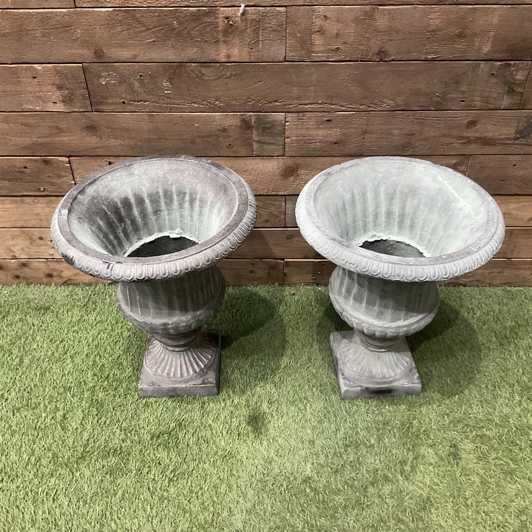 Pair of small Victorian style grey painted cast irons gardens urns - THIS LOT IS TO BE COLLECTED BY APPOINTMENT FROM DUGGLEBY STORAGE, GREAT HILL, EASTFIELD, SCARBOROUGH, YO11 3TX