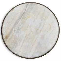 19th century French Arras design garden or bistro table, circular marble top with copper edge, raised on wrought iron triform base, in white painted finish