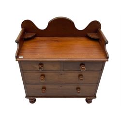 Victorian pine and mahogany washstand chest, fitted with raised shaped back, above two short and two long drawers