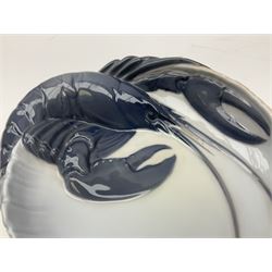 Pair of Royal Copenhagen bowls modelled as baskets and mounted with lobsters, model no 3498 and 3277, with painted and printed marks beneath, largest D19cm