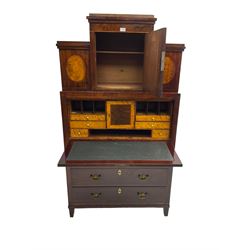 19th century inlaid mahogany architectural secretaire a abattant, the breakfront top section on three levels, central door flanked by oval birds eye maple burr inlay and ebony stringing enclosing a storage section with shelf, the lower section with fall front, the interior fitted with central cupboard and six pigeonholes, over six satinwood fronted drawers with bone handles, three long drawers below