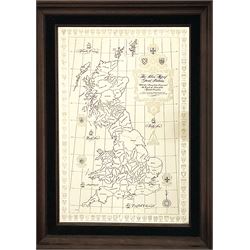 Limited edition silver plate etched with map entitled 'The Silver Map of Great Britain', further inscribed 'With the Boundary Lines and the Coats of Arm of the Historic Counties. A Limited Edition Authorised and Issues by the Council for the protection of rural England', hallmarked London 1978, makers mark clear but indistinct, under glass within a mahogany frame and black velvet border, not including frame H54.5cm W36cm, overall H69cm W51cm