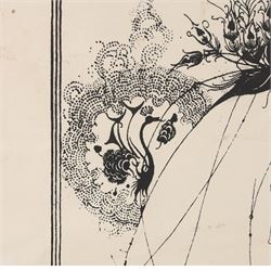 After Aubrey Beardsley (British 1872-1898): The Peacock Skirt, monochrome lithographic poster unsigned 54cm x 39cm
Notes: The original design was a one of sixteen illustrations from Oscar Wilde's play Salome: A Tragedy in One Act.