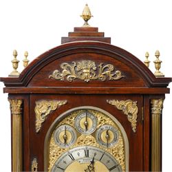 Late 19th century bracket clock with three train movement, Westminster Chimes on eight bells and gong strike, the brass dial inscribed 'Webber Liverpool' with gilt brass mounts in mahogany dome top case with pineapple finial, brass handles and classical columns on compressed circular feet H76cm
