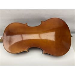 German half-size cello with 69cm two-piece maple back and ribs and spruce top; L112.5cm overall; in soft carrying case with two bows