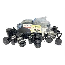 Collection of camera bodies, lenses and equipment, to include Minolta 505si Super camera body, serial no. 98101160, with 'Minolta AF Zoom 28-80mm 1:3.5 (22)-5.6' lens, serial no. 5310990, Minolta Dynax 7000i camera body, serial no. 17231904, with 'Minolta AF Zoom 35-70mm 1;3.5 (22)-4.5' lens, serial no.61437698, Minolta Dynax 700si camera body serial no. 61502600, with 'Minolta AF Zoom 28-60mm 1:3.5 (22)-5,6' lens and other equipment  