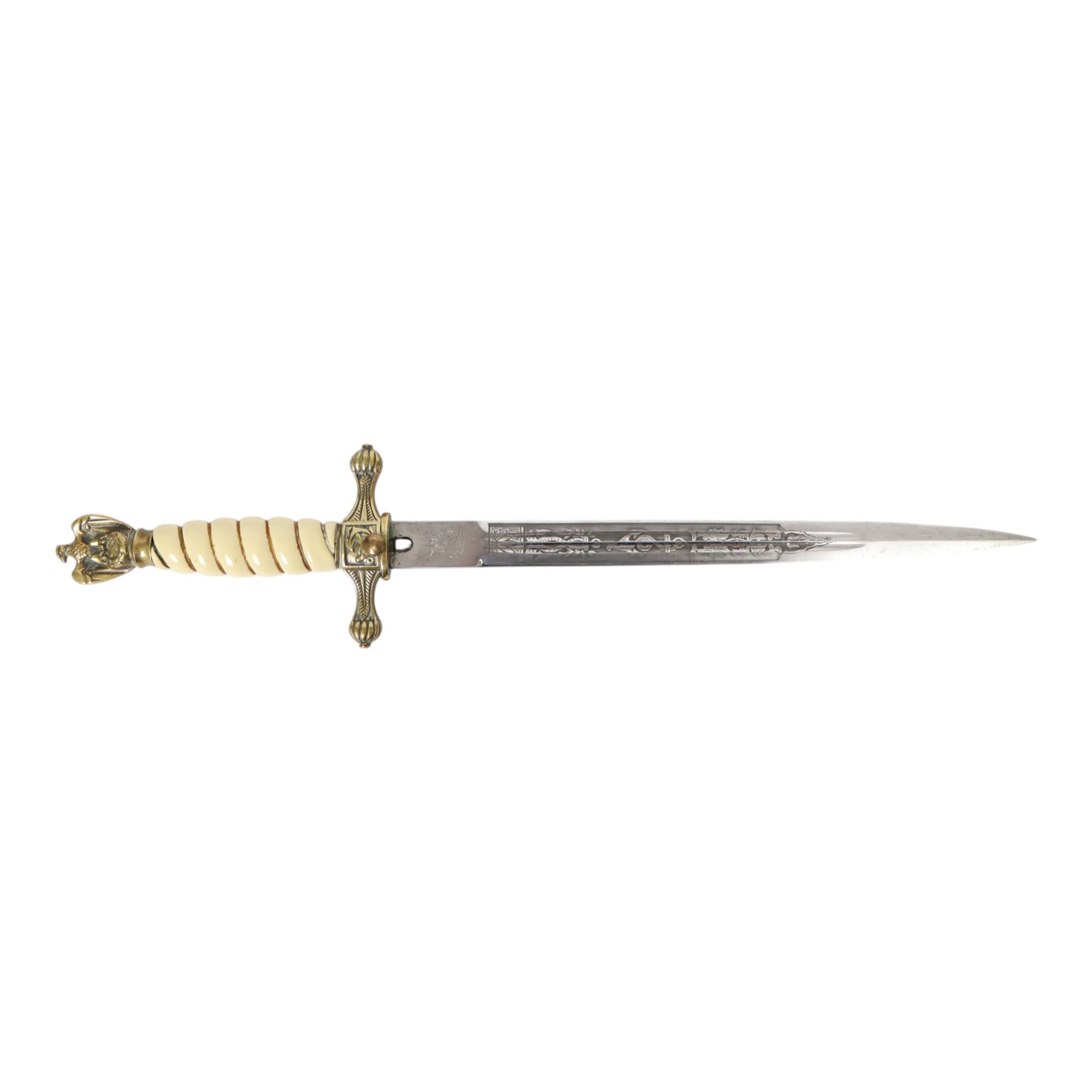 WWII Third Reich Kriegsmarine naval dirk, L25cm double fullered engraved blade, the ricasso marked Eickhorn, Solingen, ivorine celluloid handle and brass scabbard, L42cm