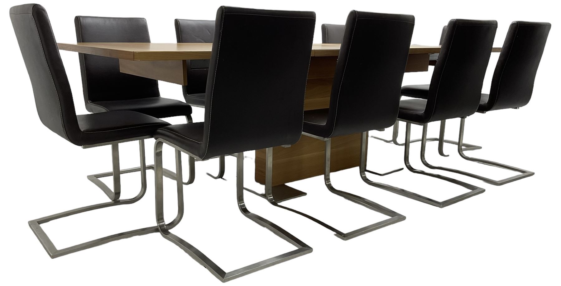 Contemporary walnut extending dining table, rectangular pull-out extending action top with two additional leaves, on rectangular base with burnished metal feet (160cm - 258cm x 100cm, H78cm); together with a set of ten cantilever dining chairs upholstered in stitched brown leather, on burnished metal supports 