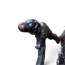 Victorian revival Coalbrookdale 'Dog and Serpent' pattern heavy cast iron garden bench, grape vine detail, joined with eight hardwood slats, finished in black paint