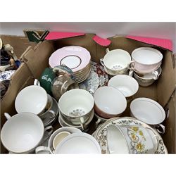 Collection of ceramics to include two Goebel Rosine wachtmeister limited edition plates, Luce Solare and Romantico, Royal Doulton character jug The Poacher, Colclough tea cups and saucers etc, in two boxes    